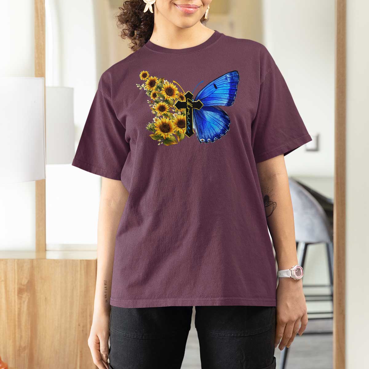 Sunflower Butterfly Ukraine Flag T Shirt For Women