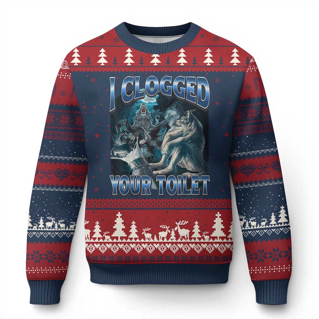 Alpha Wolf Meme Ugly Christmas Sweater I Clogged Your Toilet Funny Unhinged Stupid Brainrot