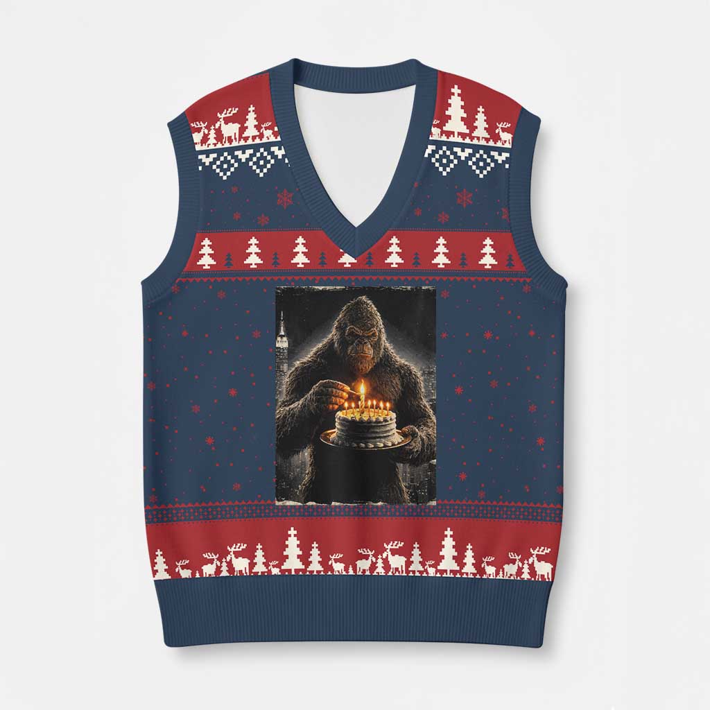 Funny Birthday Bigfoot V-Neck Knit Sweater Vest Sasquatsch Bday Party Vintage Graphic Japanese Art