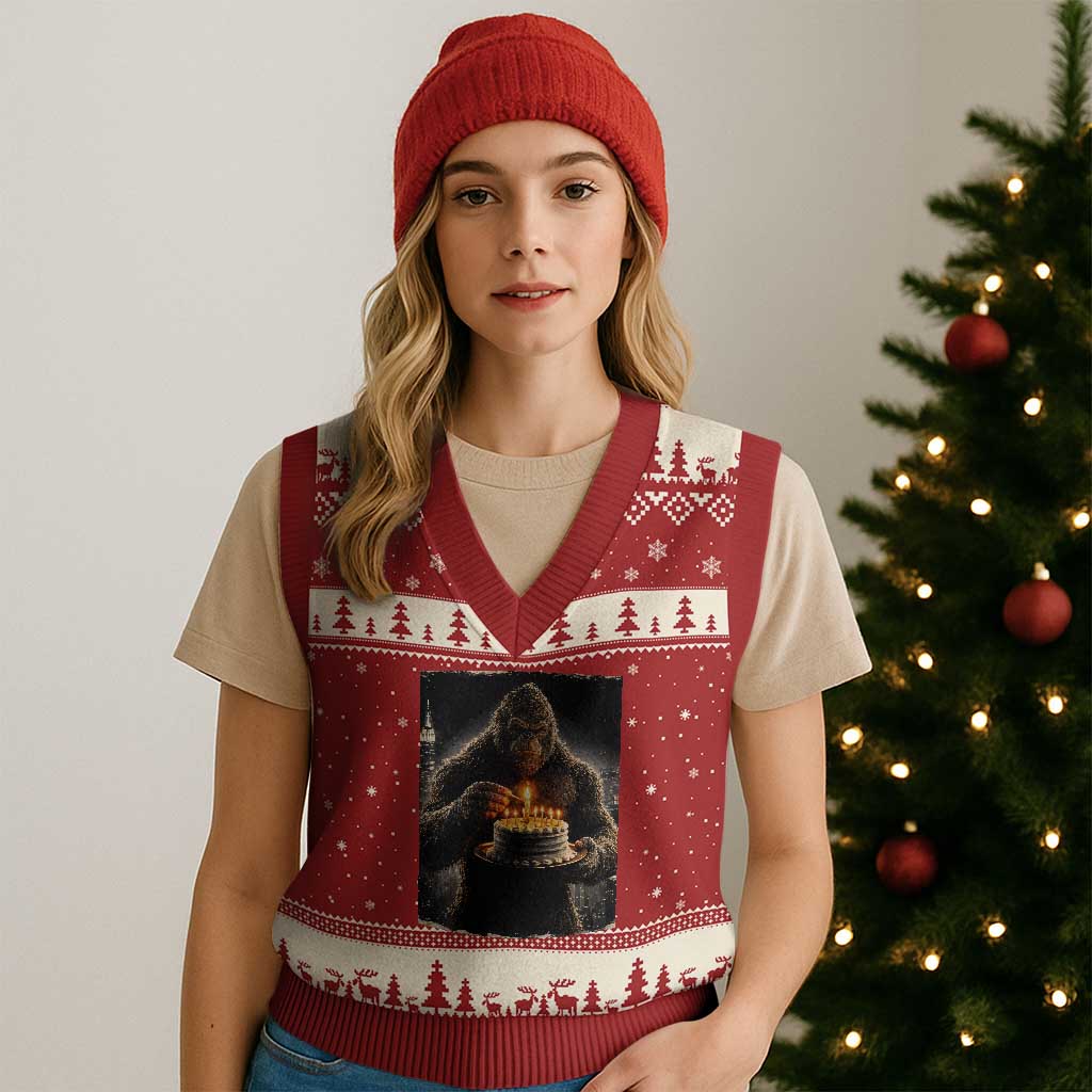 Funny Birthday Bigfoot V-Neck Knit Sweater Vest Sasquatsch Bday Party Vintage Graphic Japanese Art