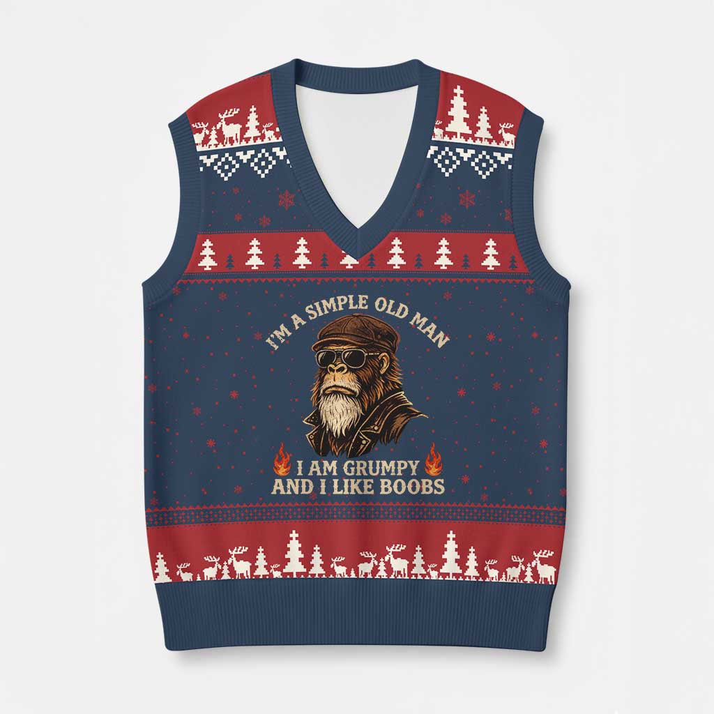 Funny Man Saying V-Neck Knit Sweater Vest Im A Simple Old Man I Am Grumpy And Like Boobs Bigfoot Gag Gift