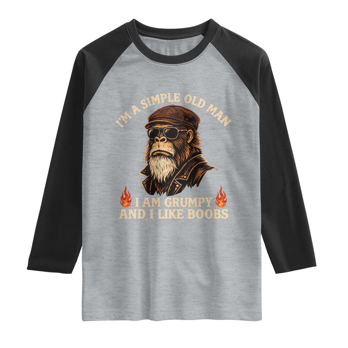 Funny Man Saying Raglan Shirt Im A Simple Old Man I Am Grumpy And Like Boobs Bigfoot Gag Gift
