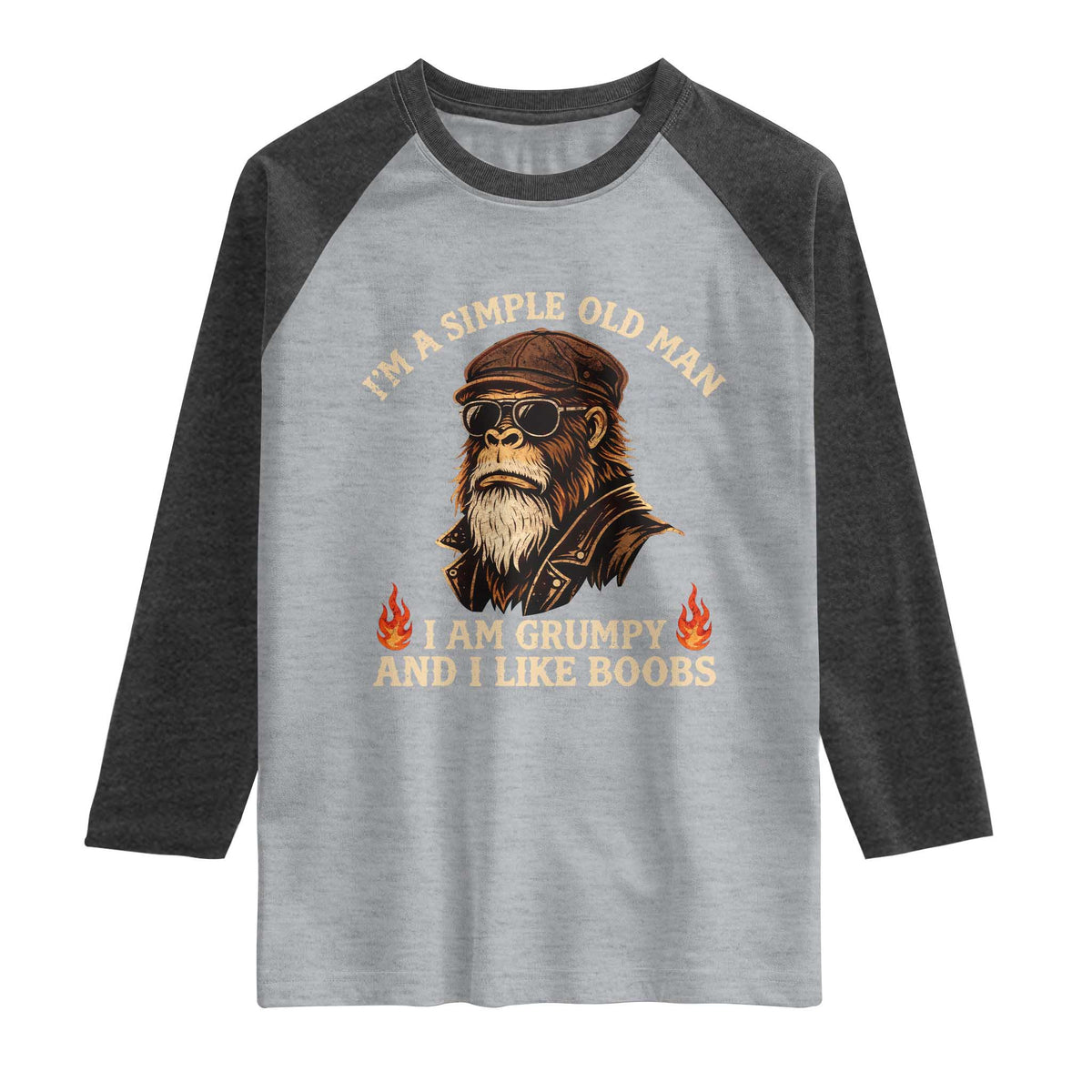 Funny Man Saying Raglan Shirt Im A Simple Old Man I Am Grumpy And Like Boobs Bigfoot Gag Gift