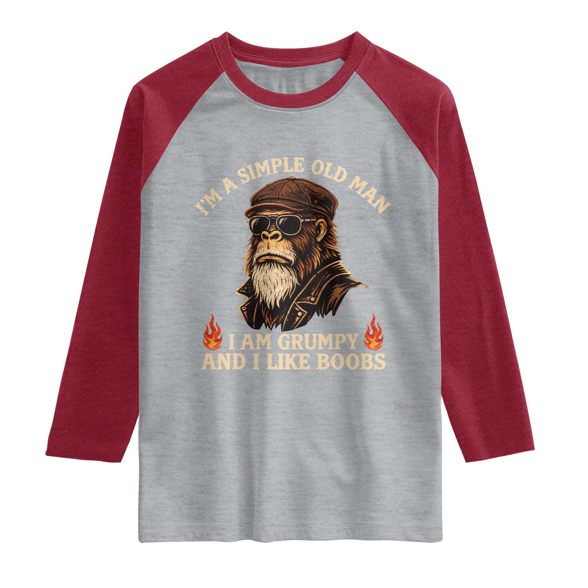 Funny Man Saying Raglan Shirt Im A Simple Old Man I Am Grumpy And Like Boobs Bigfoot Gag Gift