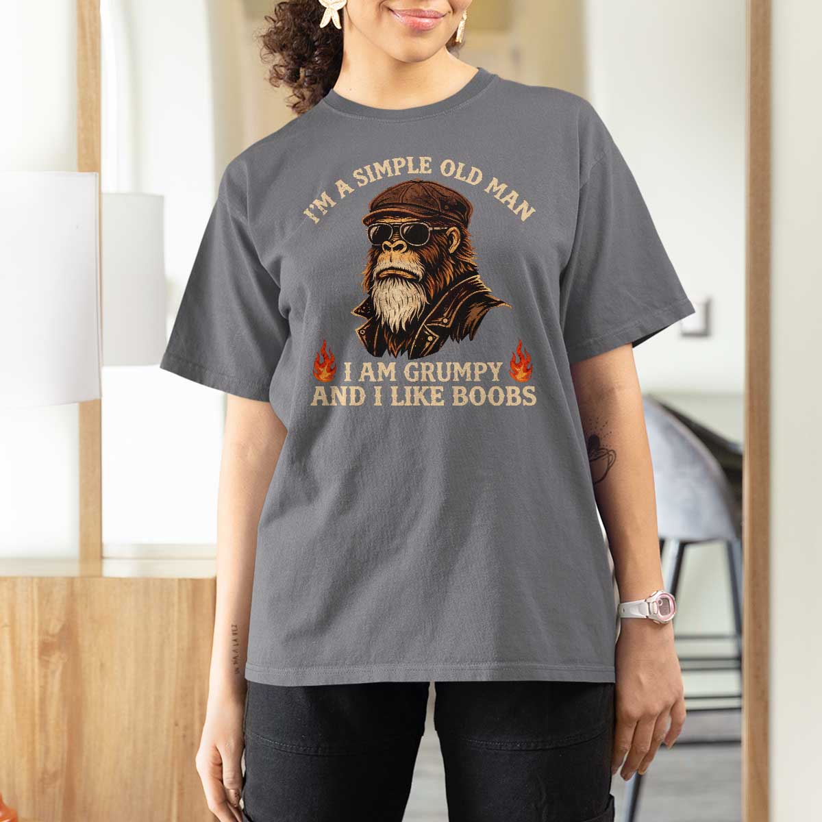 Funny Man Saying T Shirt For Women Im A Simple Old Man I Am Grumpy And Like Boobs Bigfoot Gag Gift