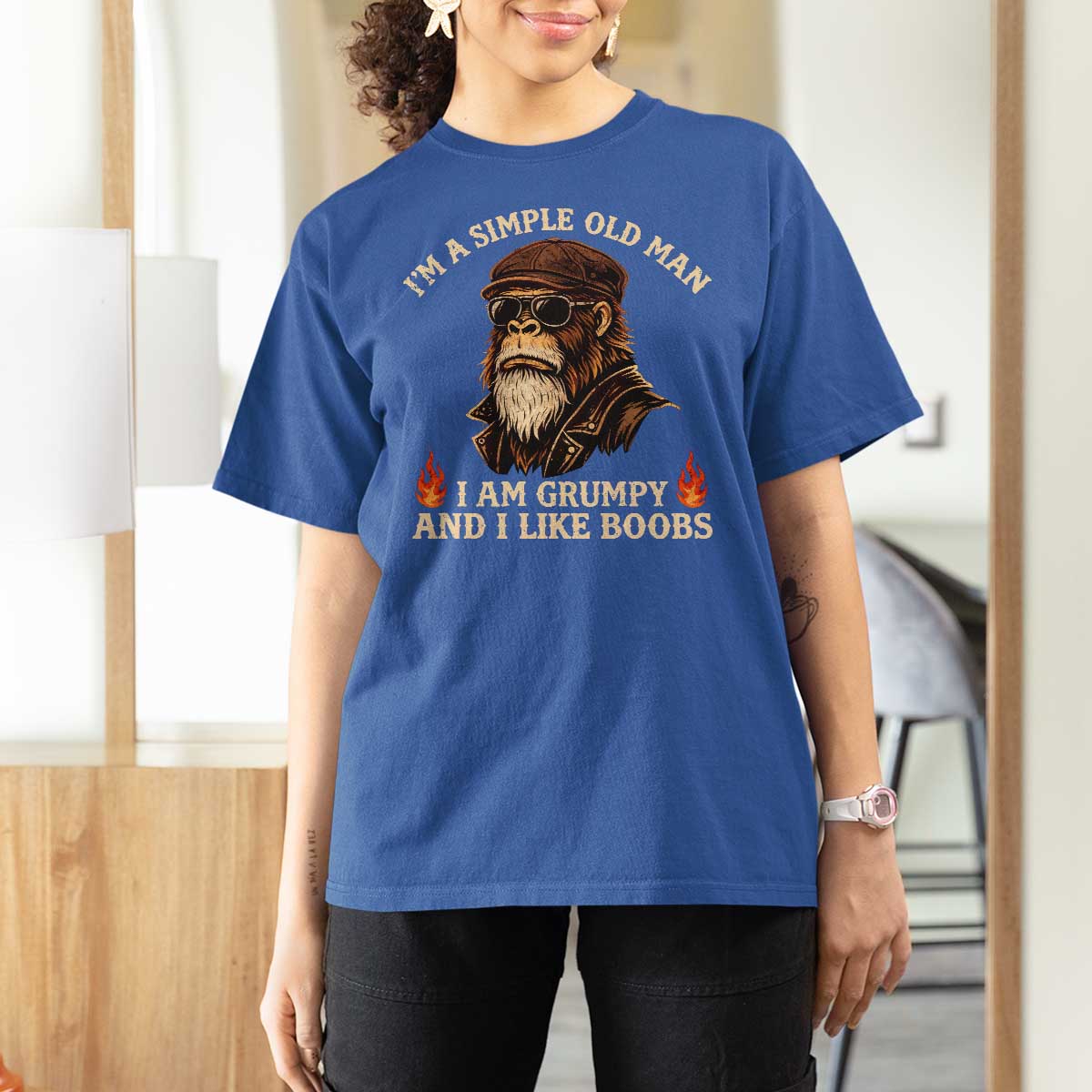 Funny Man Saying T Shirt For Women Im A Simple Old Man I Am Grumpy And Like Boobs Bigfoot Gag Gift
