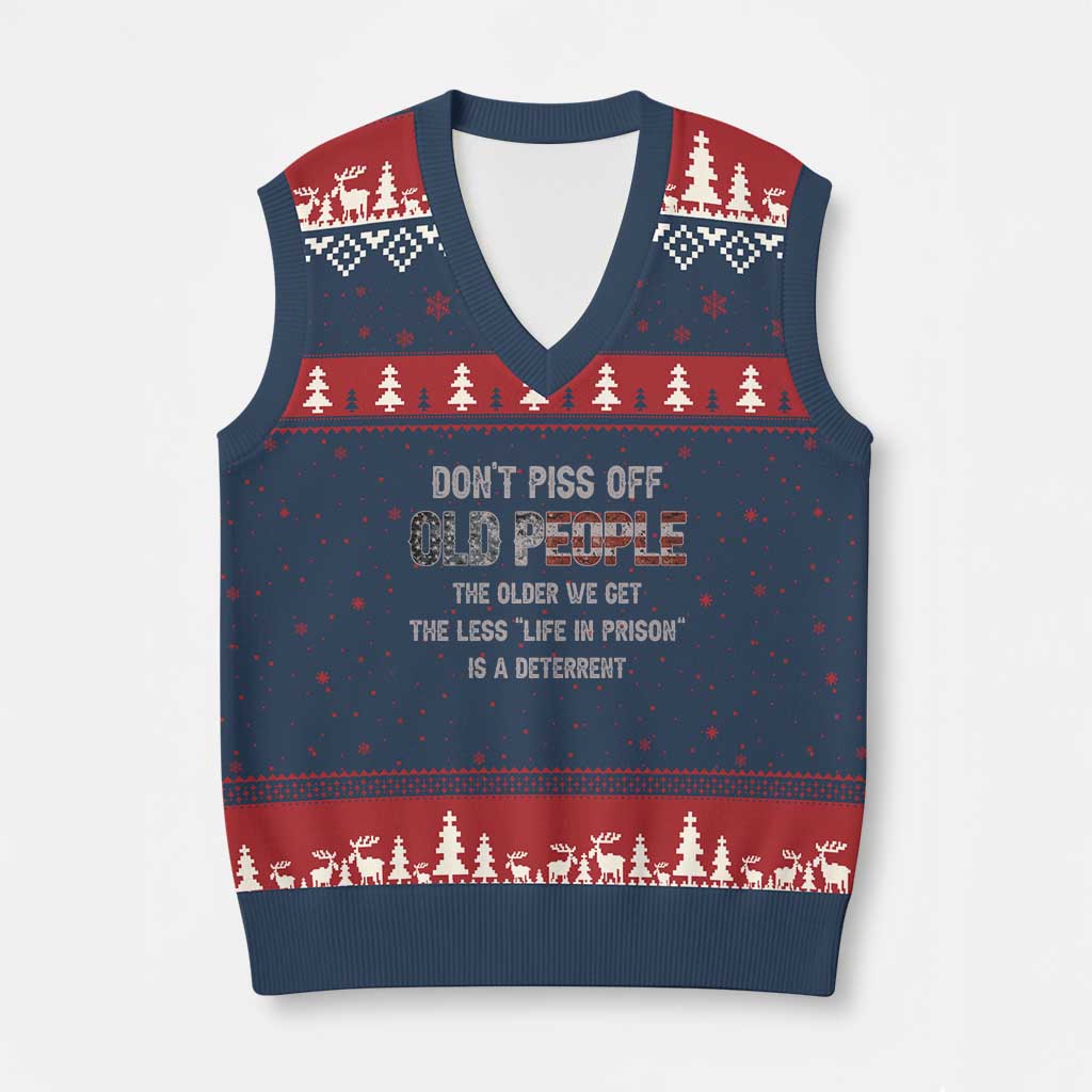 Dont Piss Off Old People V-Neck Knit Sweater Vest Funny Saying Retro Sarcastic Birthday Gifts
