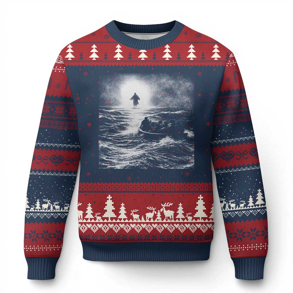 Christian Faith Ugly Christmas Sweater Walk On Water Distressed Bible Verse