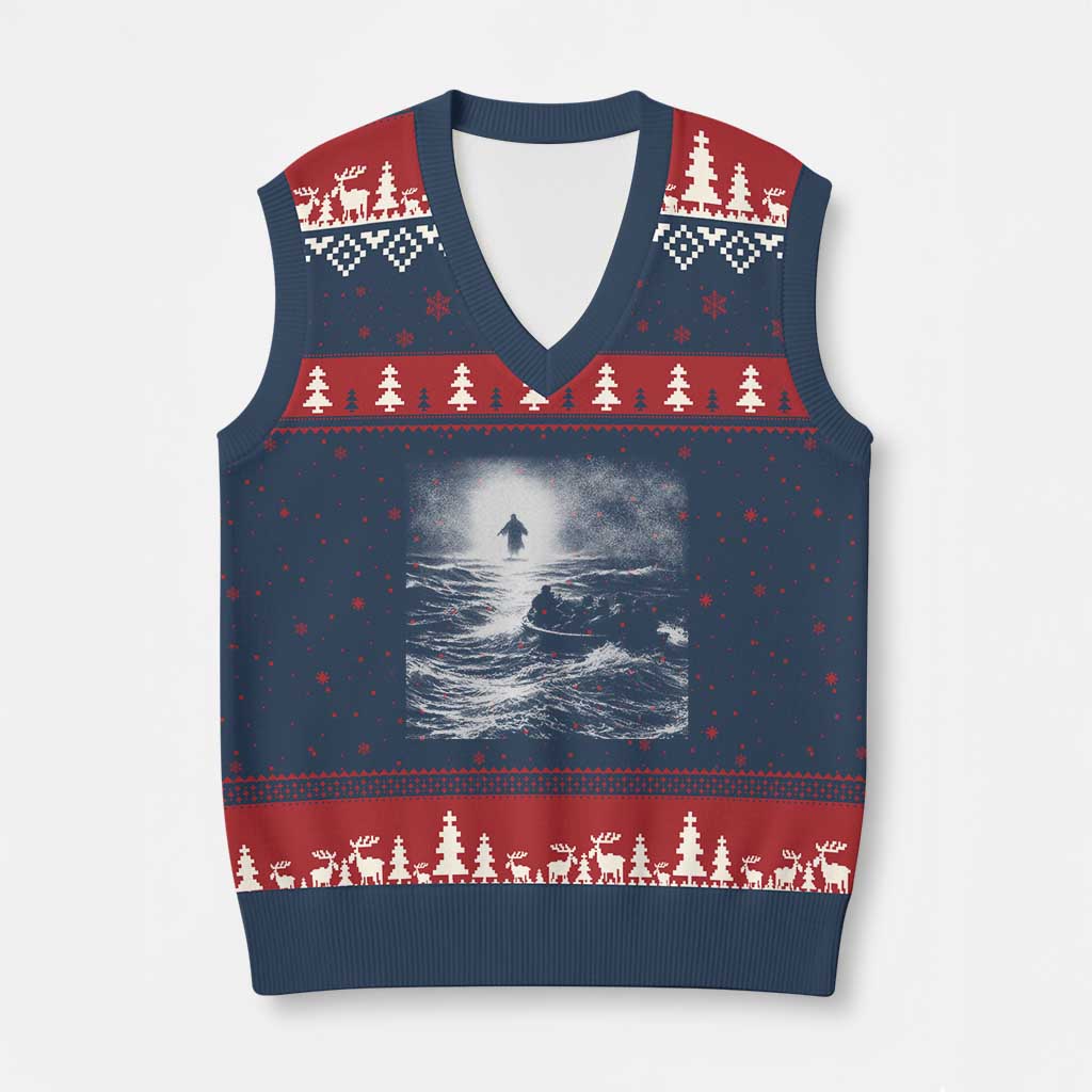 Christian Faith V-Neck Knit Sweater Vest Walk On Water Distressed Bible Verse