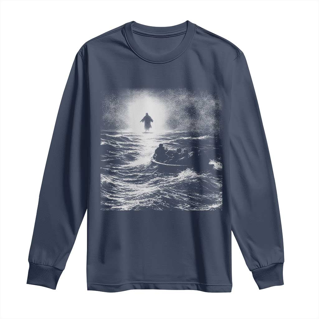 Christian Faith Long Sleeve Shirt Walk On Water Distressed Bible Verse
