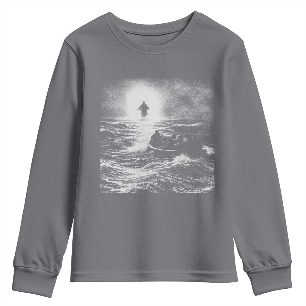 Christian Faith Youth Sweatshirt Walk On Water Distressed Bible Verse