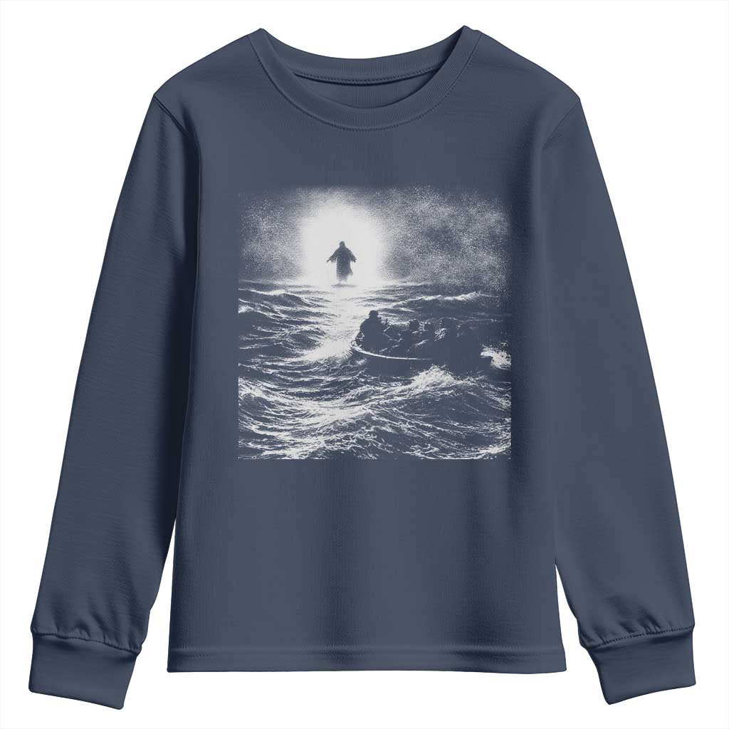 Christian Faith Youth Sweatshirt Walk On Water Distressed Bible Verse