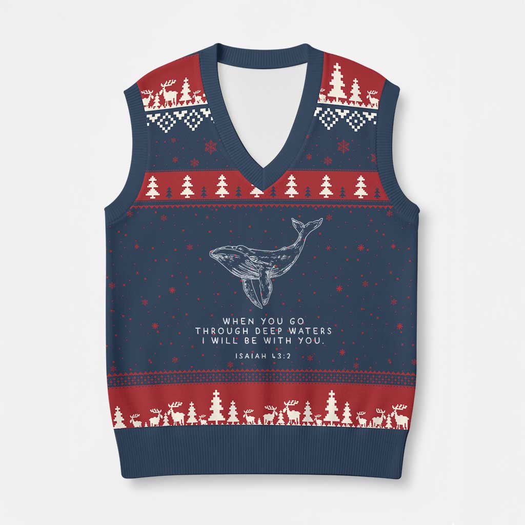 Christian Whale Shark V-Neck Knit Sweater Vest Isaiah 43 2 Bible Verse Faith Based