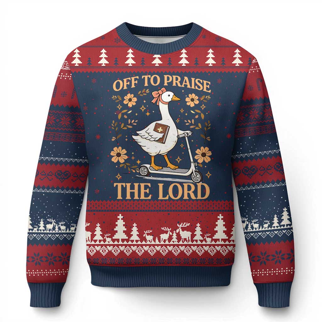 Funny Goose Christian Ugly Christmas Sweater Off To Praise The Lord Bible Verse Trendy Church