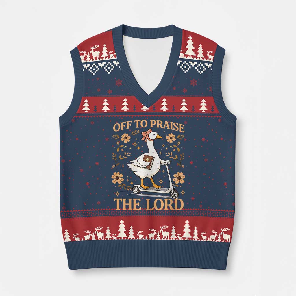 Funny Goose Christian V-Neck Knit Sweater Vest Off To Praise The Lord Bible Verse Trendy Church