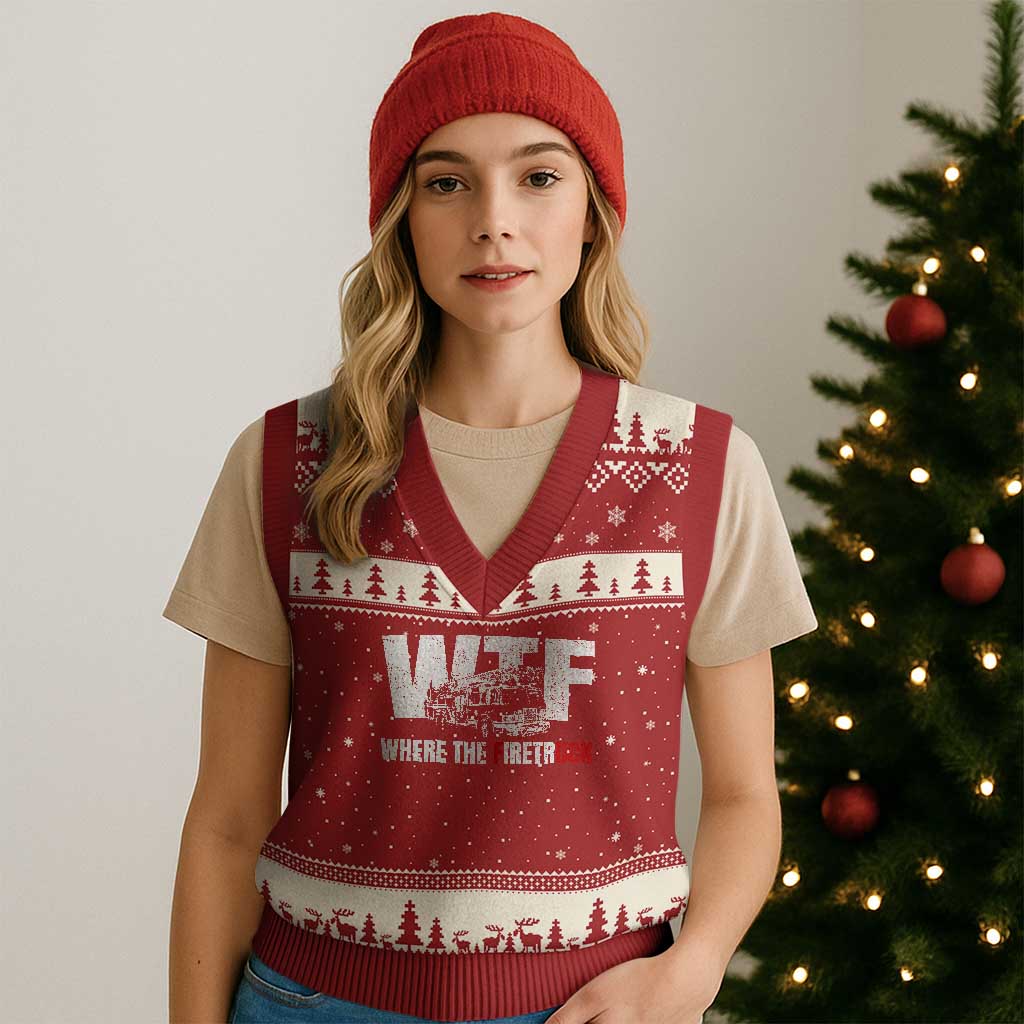 Funny Firefighter V-Neck Knit Sweater Vest WTF What The Firetruck Fireman Gift - Wonder Print Shop