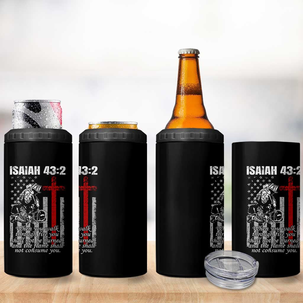 Isaiah 43 2 Firefighter 4 in 1 Can Cooler Tumbler Fireman Prayer Cross Bible Verse American Flag - Wonder Print Shop
