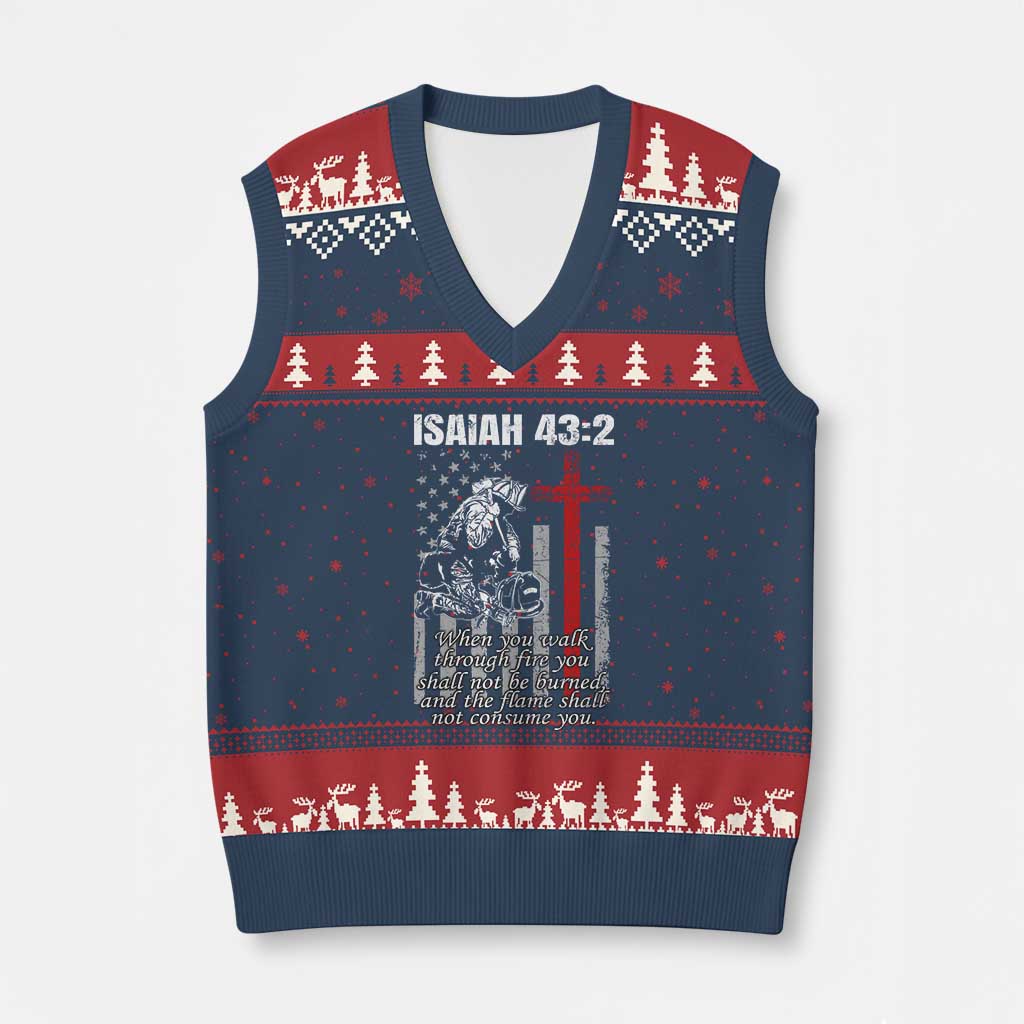 Isaiah 43 2 Firefighter V-Neck Knit Sweater Vest Fireman Prayer Cross Bible Verse American Flag - Wonder Print Shop