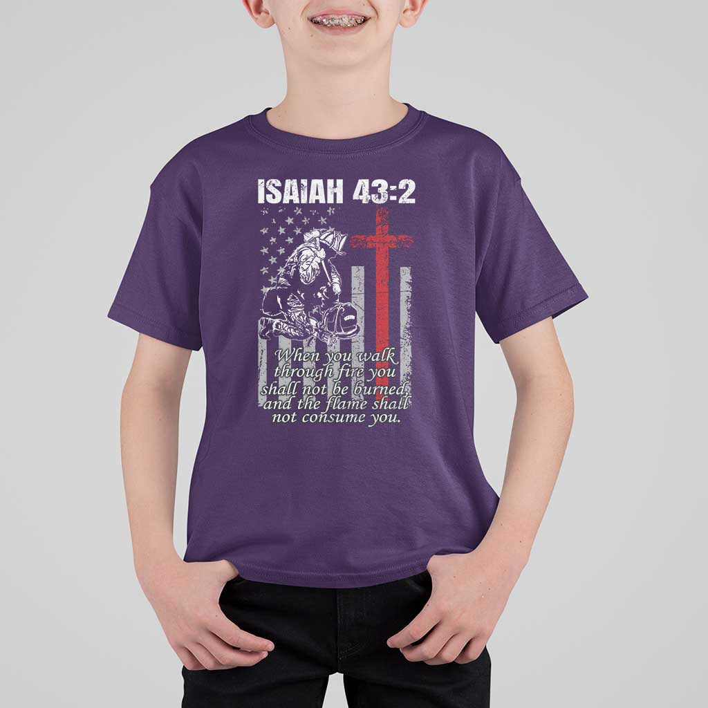 Isaiah 43 2 Firefighter T Shirt For Kid Fireman Prayer Cross Bible Verse American Flag - Wonder Print Shop