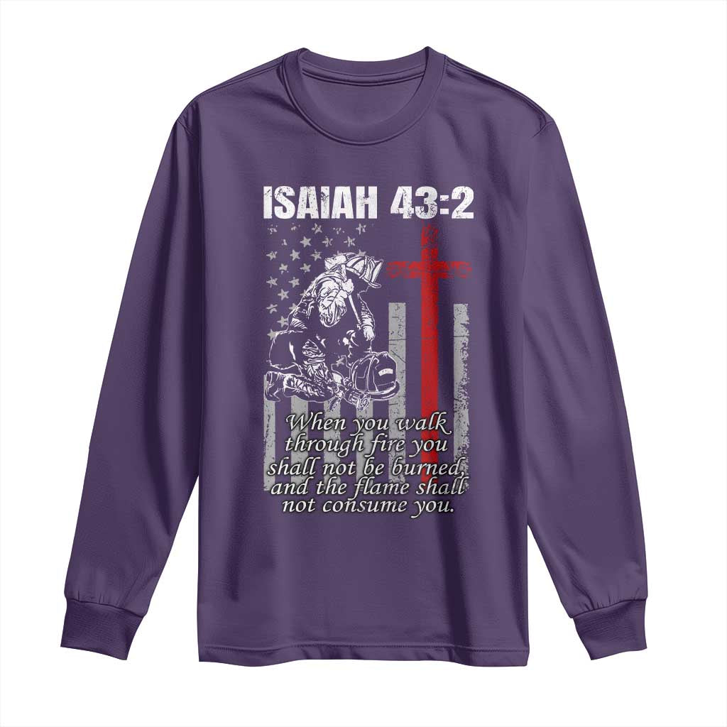 Isaiah 43 2 Firefighter Long Sleeve Shirt Fireman Prayer Cross Bible Verse American Flag - Wonder Print Shop