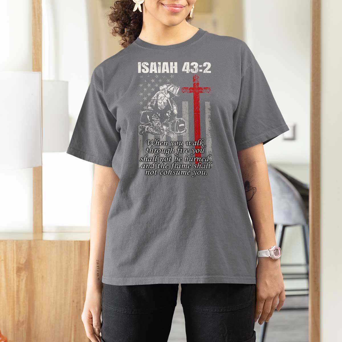 Isaiah 43 2 Firefighter T Shirt For Women Fireman Prayer Cross Bible Verse American Flag - Wonder Print Shop