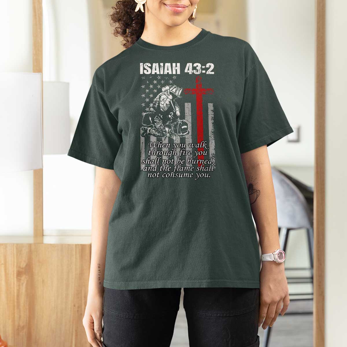 Isaiah 43 2 Firefighter T Shirt For Women Fireman Prayer Cross Bible Verse American Flag - Wonder Print Shop