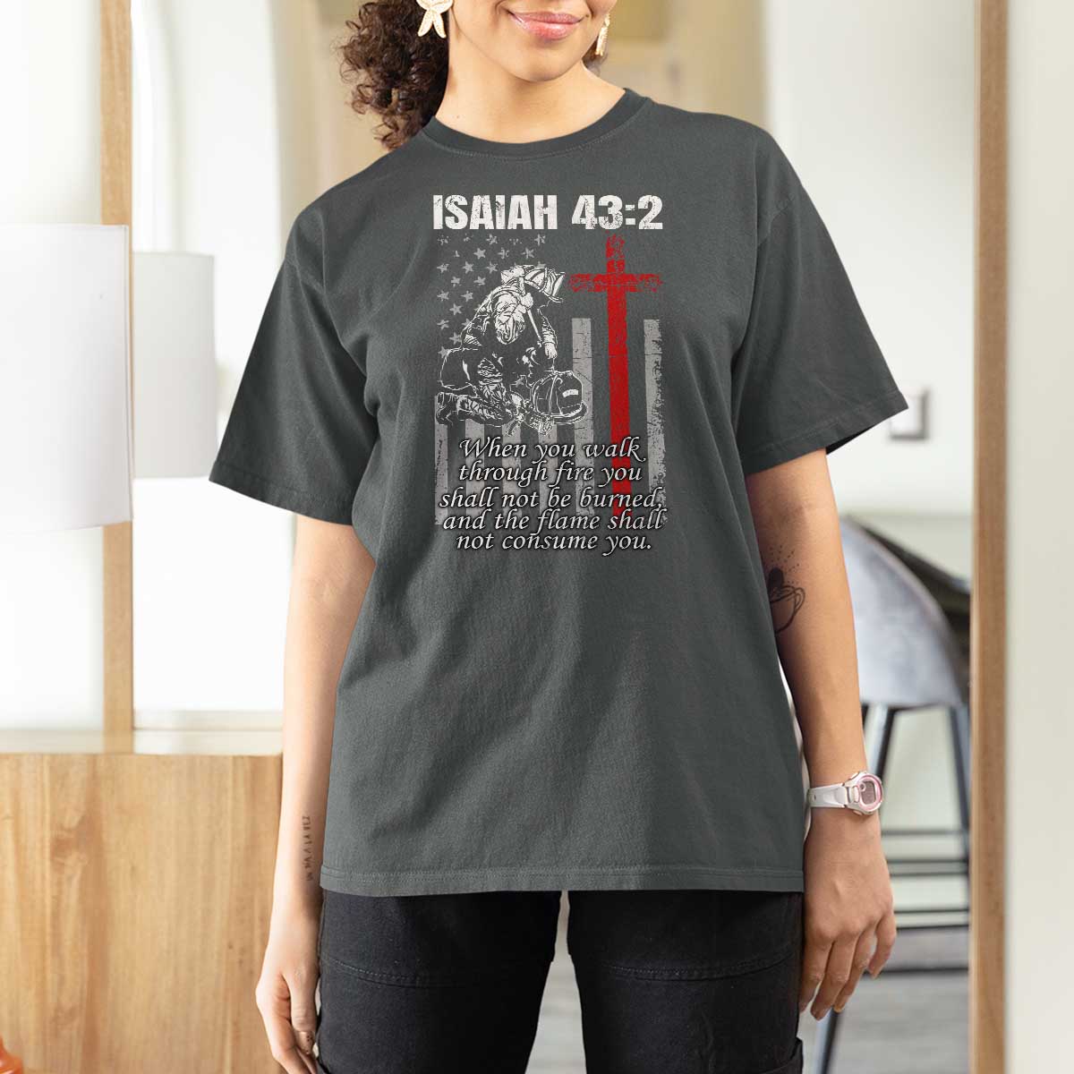 Isaiah 43 2 Firefighter T Shirt For Women Fireman Prayer Cross Bible Verse American Flag - Wonder Print Shop