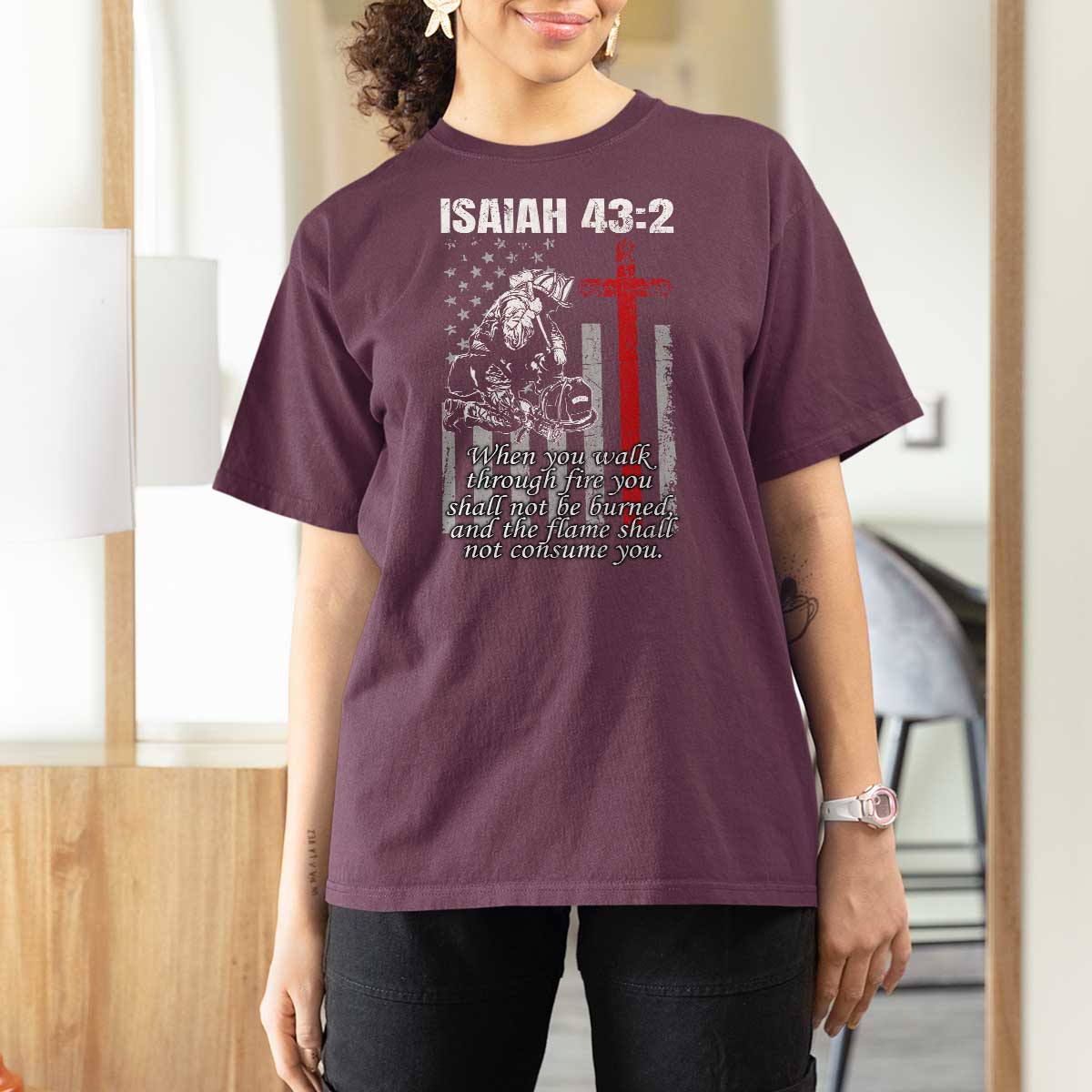 Isaiah 43 2 Firefighter T Shirt For Women Fireman Prayer Cross Bible Verse American Flag - Wonder Print Shop