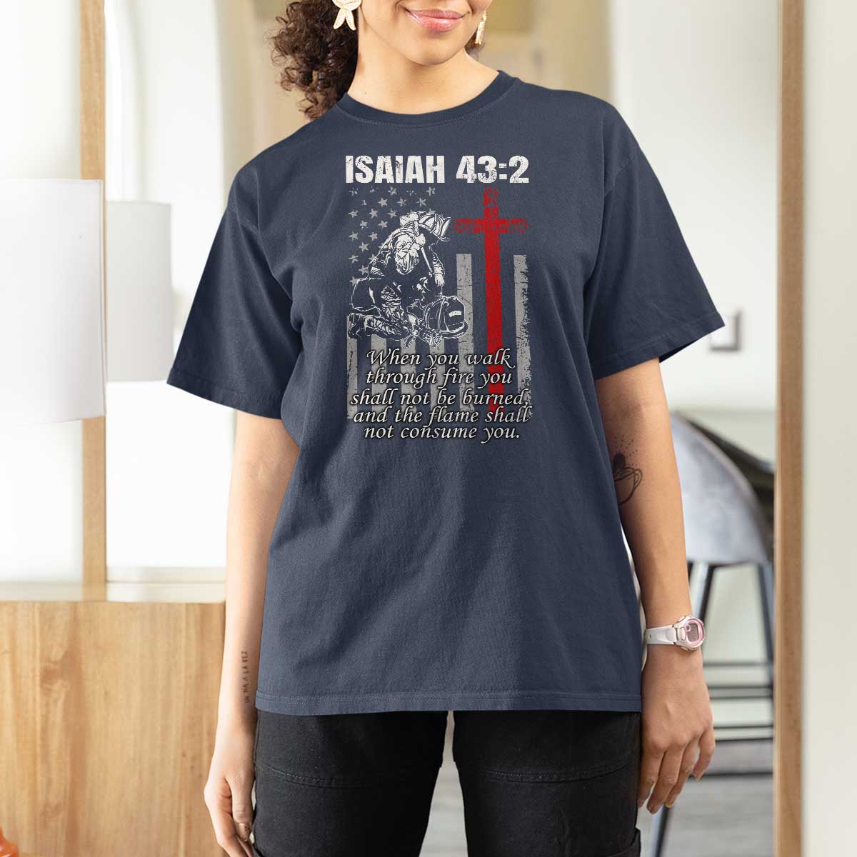 Isaiah 43 2 Firefighter T Shirt For Women Fireman Prayer Cross Bible Verse American Flag - Wonder Print Shop