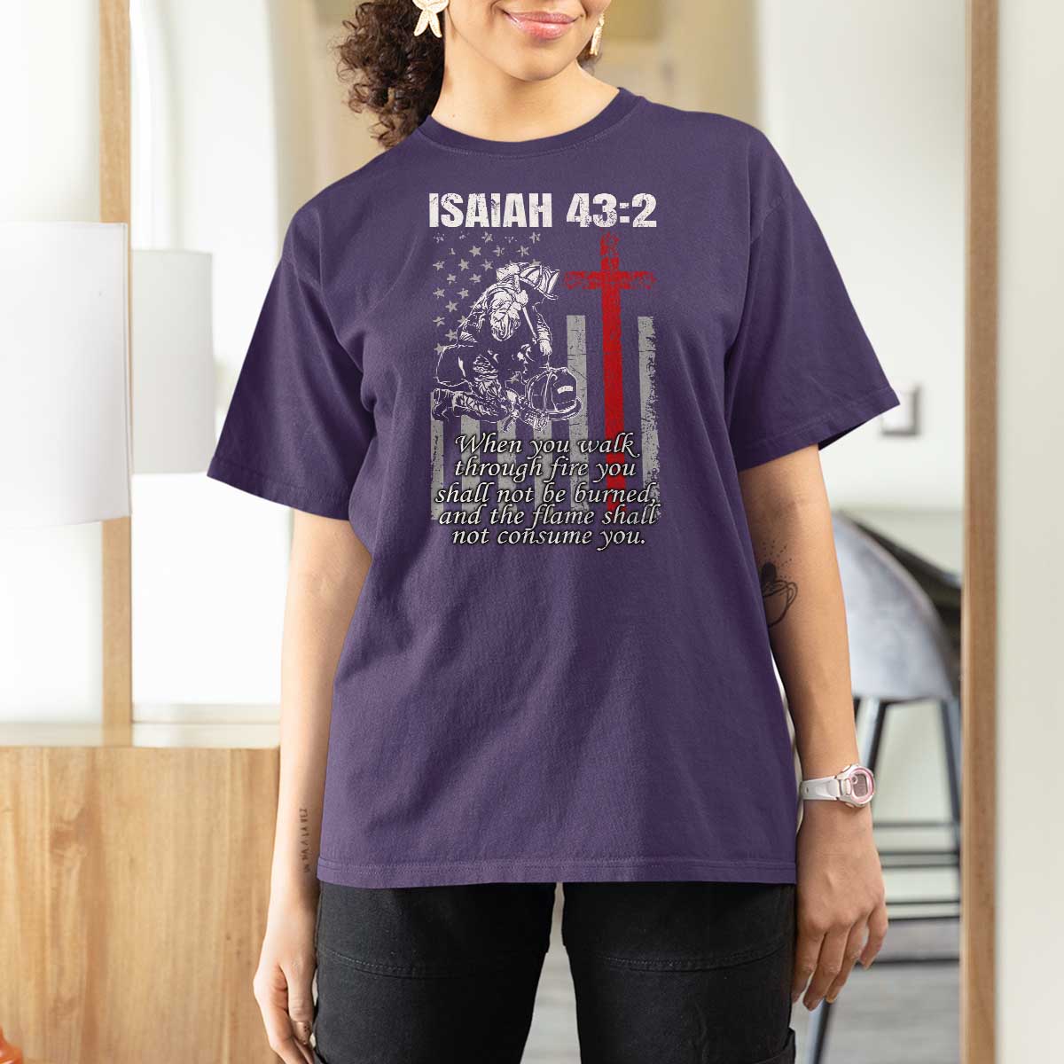 Isaiah 43 2 Firefighter T Shirt For Women Fireman Prayer Cross Bible Verse American Flag - Wonder Print Shop