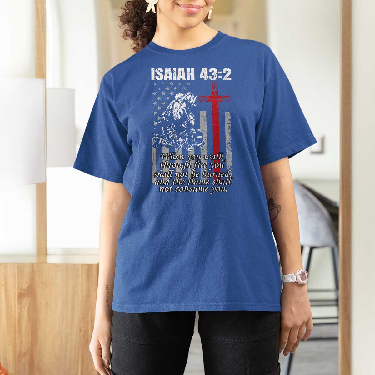 Isaiah 43 2 Firefighter T Shirt For Women Fireman Prayer Cross Bible Verse American Flag - Wonder Print Shop