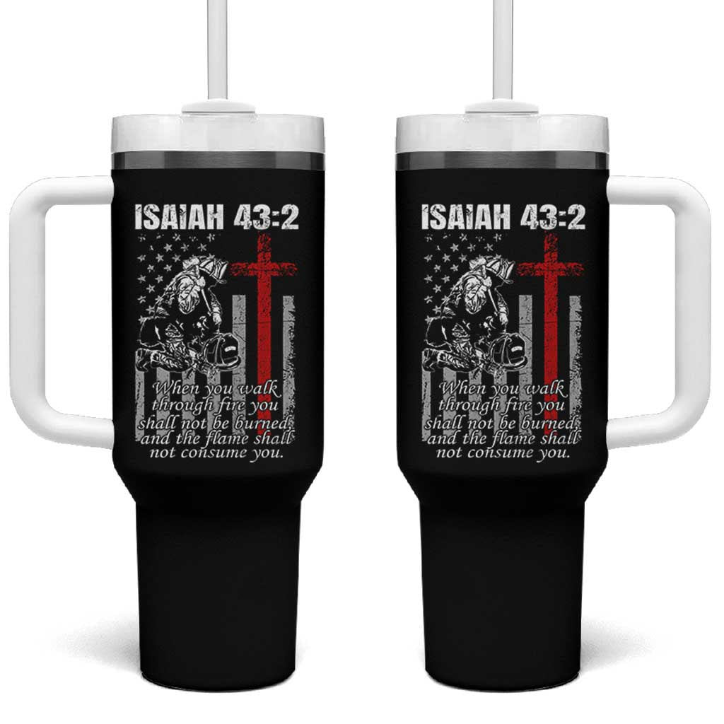 Isaiah 43 2 Firefighter Tumbler With Handle Fireman Prayer Cross Bible Verse American Flag - Wonder Print Shop