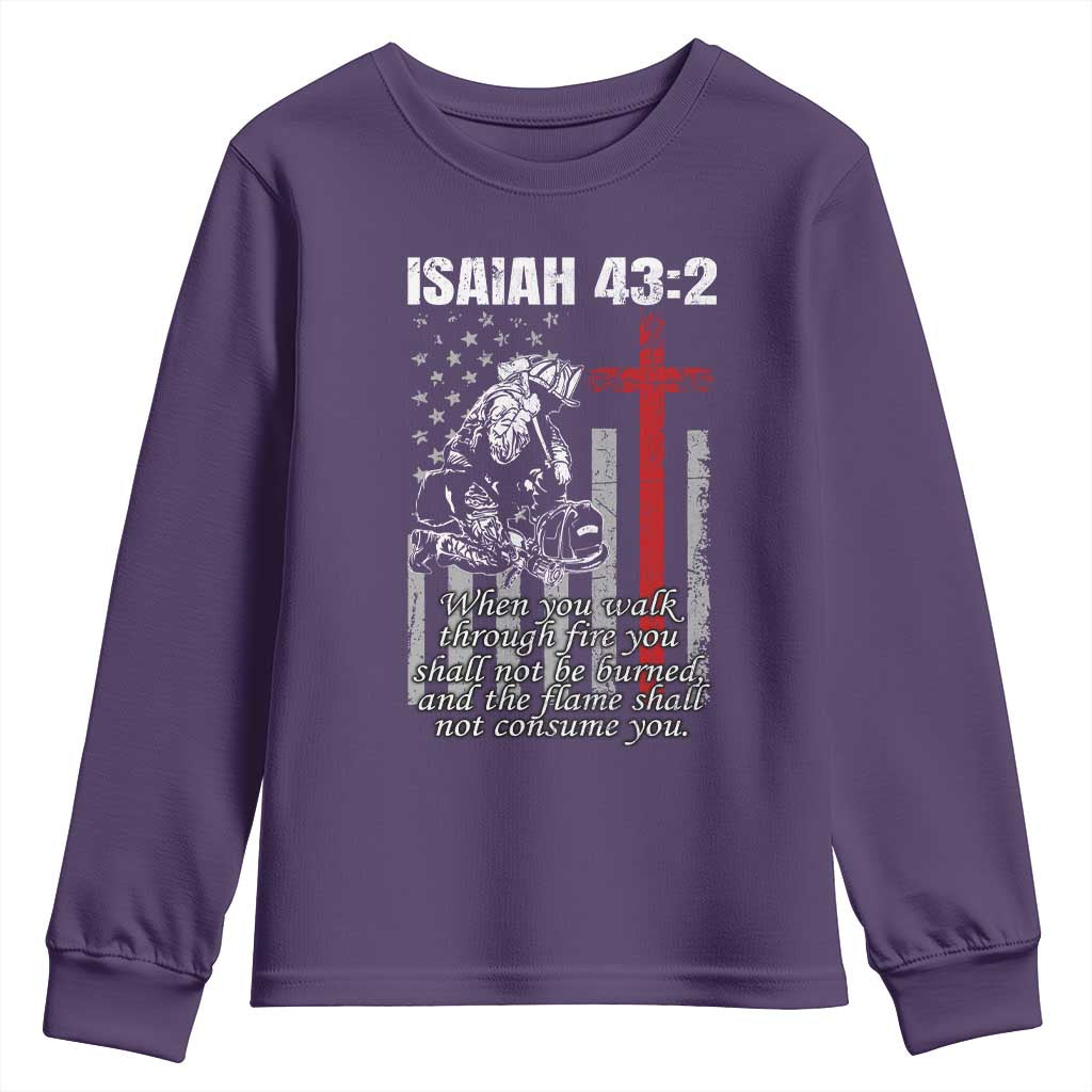 Isaiah 43 2 Firefighter Youth Sweatshirt Fireman Prayer Cross Bible Verse American Flag - Wonder Print Shop