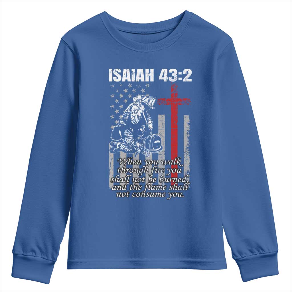 Isaiah 43 2 Firefighter Youth Sweatshirt Fireman Prayer Cross Bible Verse American Flag - Wonder Print Shop