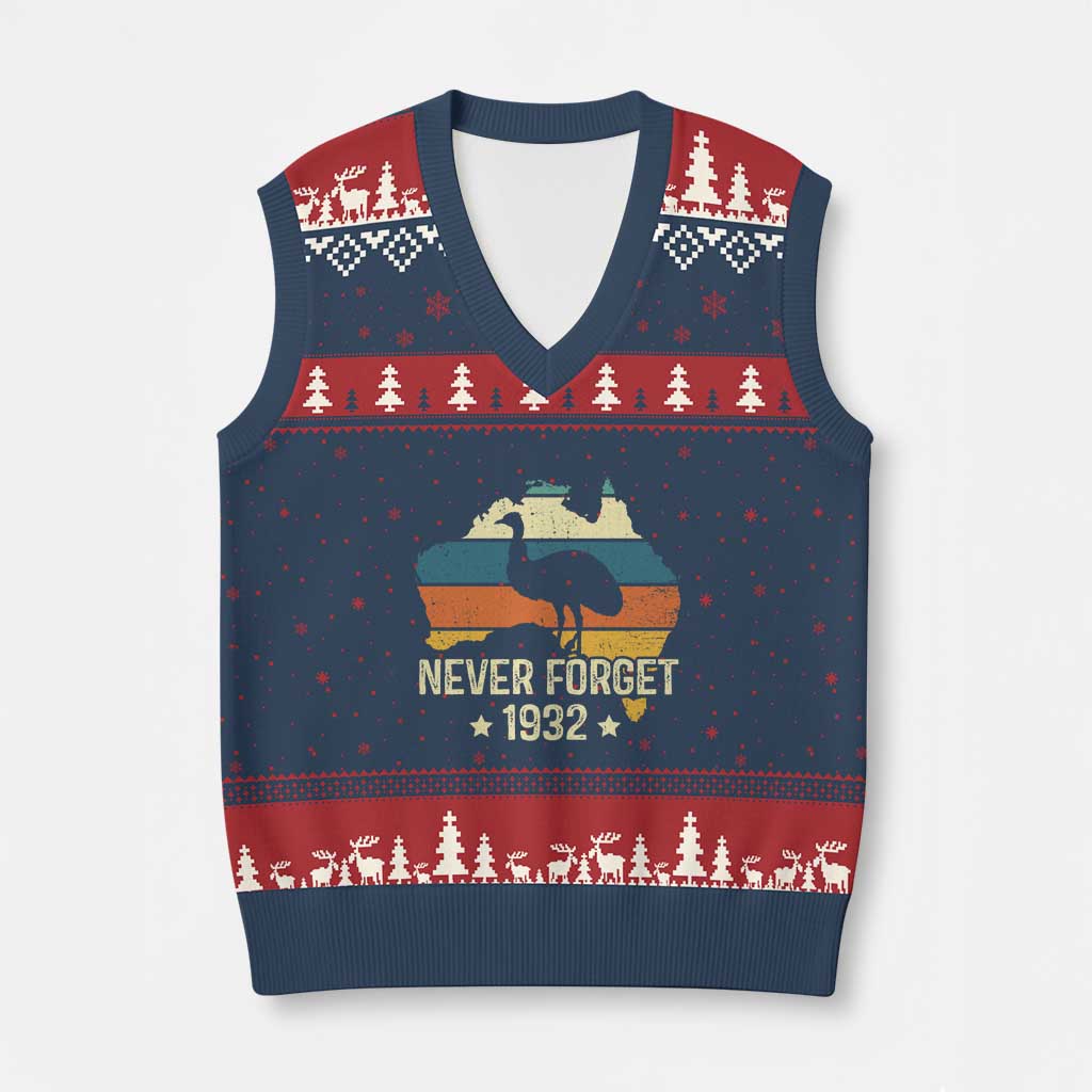Never Forget 1932 Emu War V-Neck Knit Sweater Vest Funny Emu Lover Zookeeper