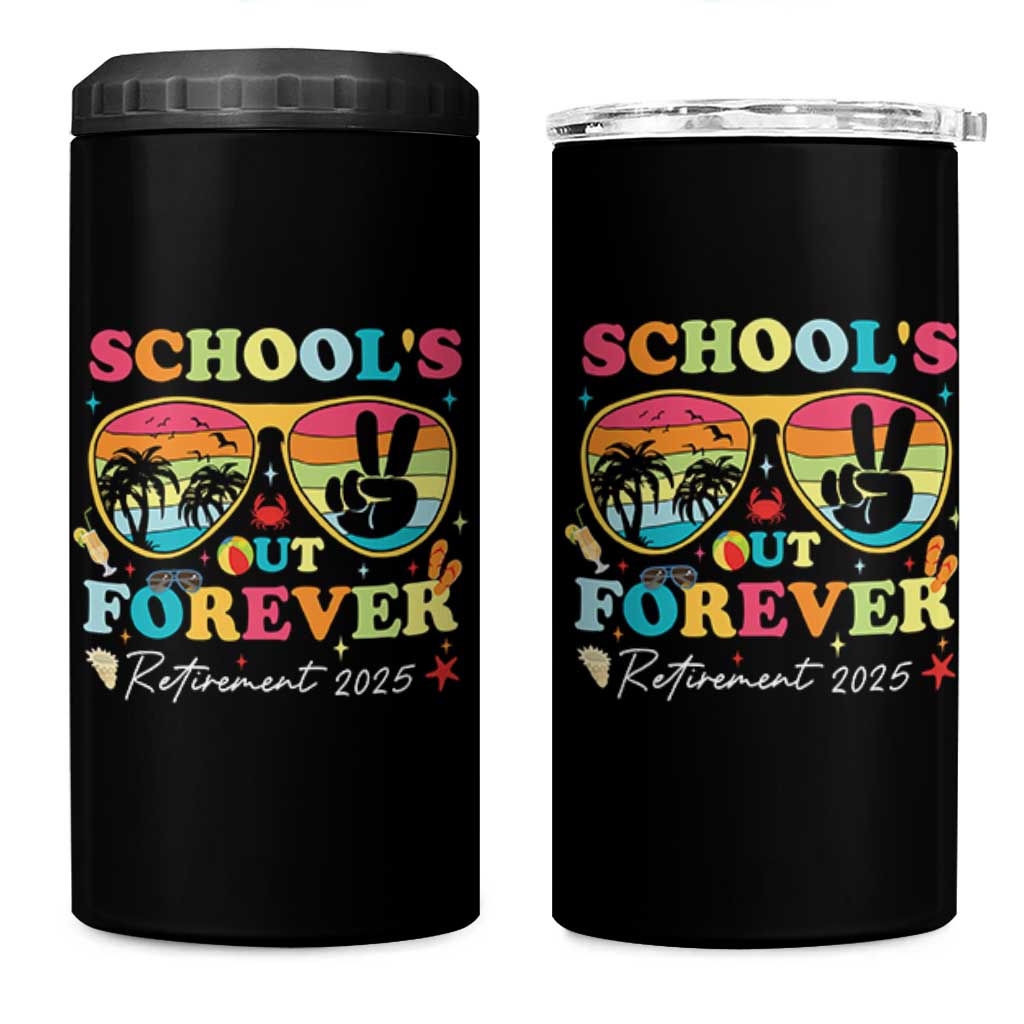School's Out Forever Retired Teacher 2025 4 in 1 Can Cooler Tumbler Groovy Retirement