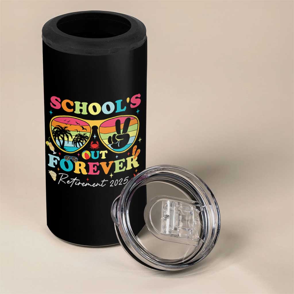 School's Out Forever Retired Teacher 2025 4 in 1 Can Cooler Tumbler Groovy Retirement