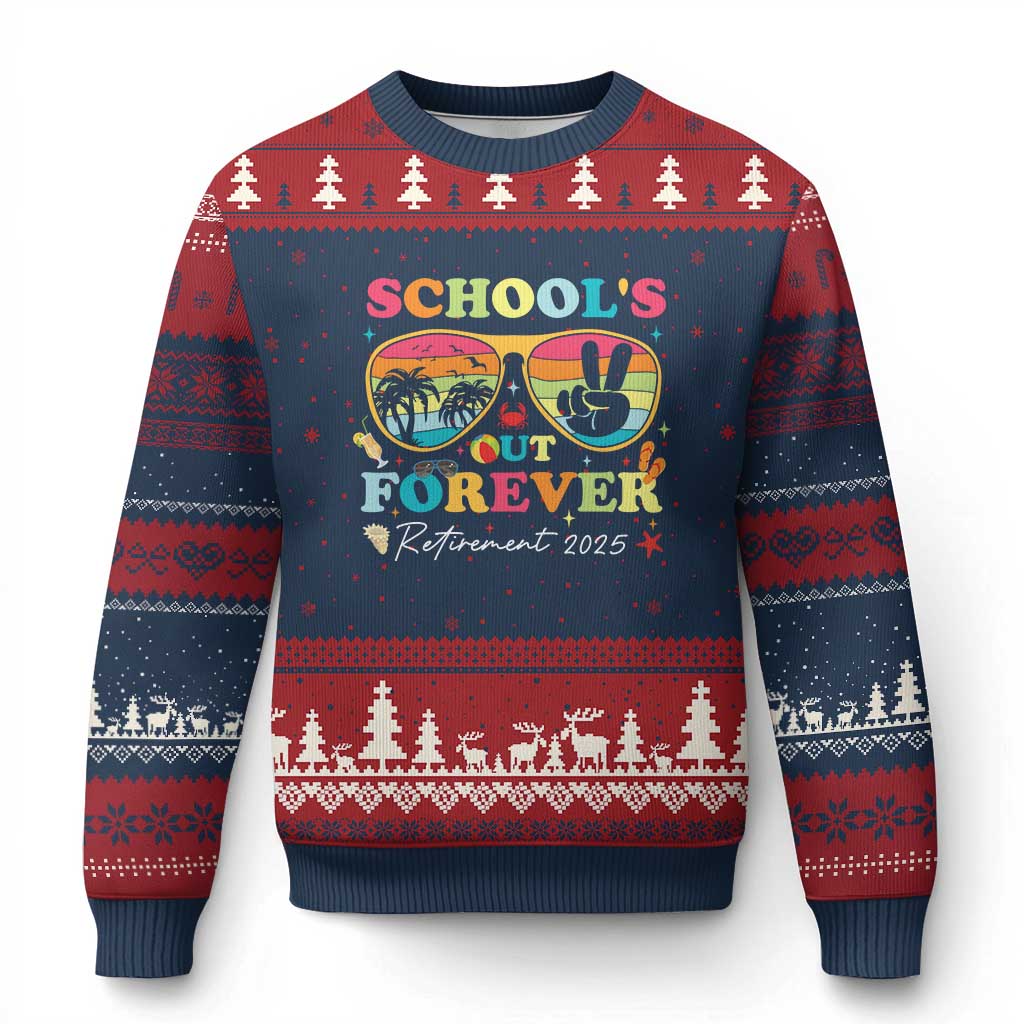 School's Out Forever Retired Teacher 2025 Ugly Christmas Sweater Groovy Retirement - Wonder Print Shop