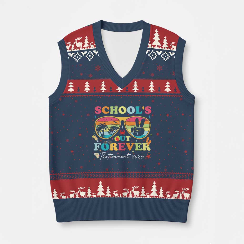 School's Out Forever Retired Teacher 2025 V-Neck Knit Sweater Vest Groovy Retirement - Wonder Print Shop
