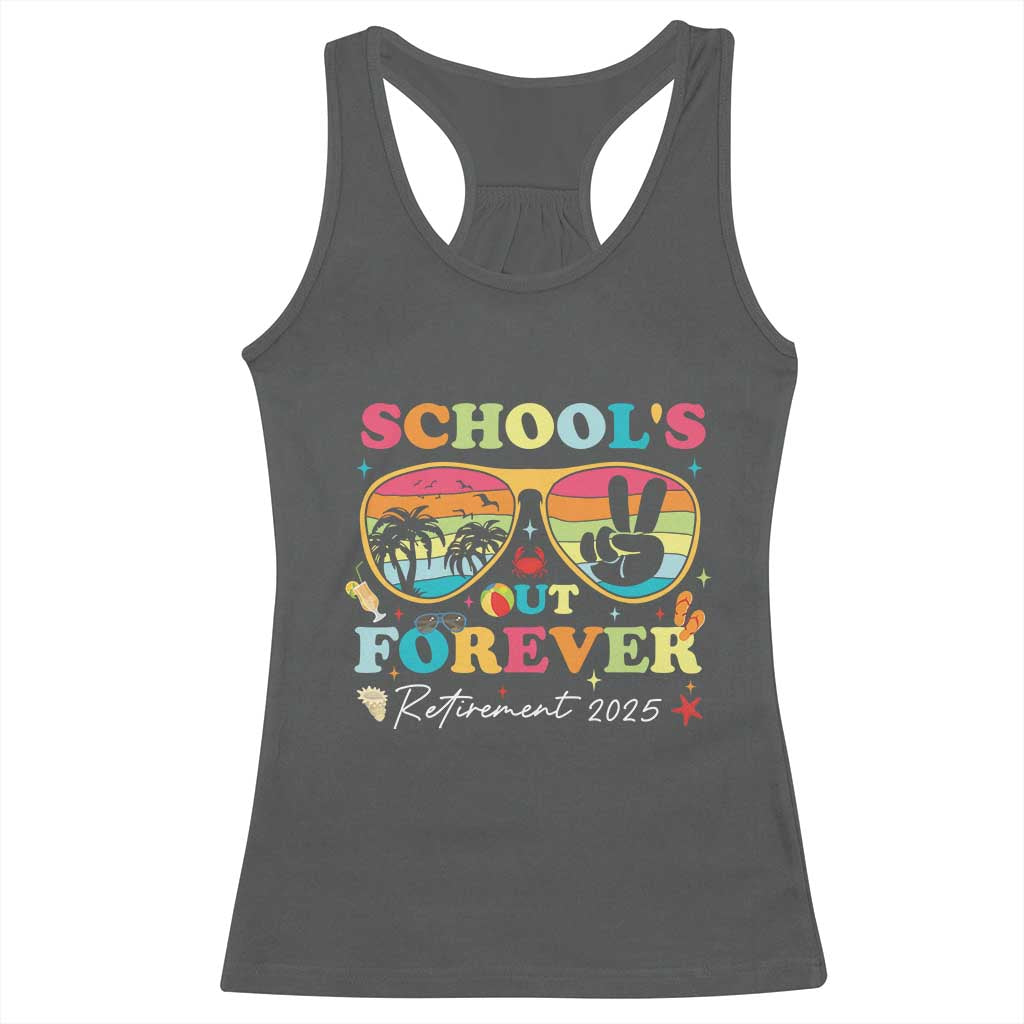 School's Out Forever Retired Teacher 2025 Racerback Tank Top Groovy Retirement