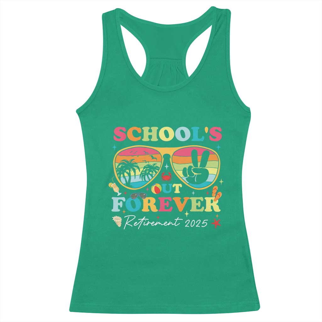 School's Out Forever Retired Teacher 2025 Racerback Tank Top Groovy Retirement