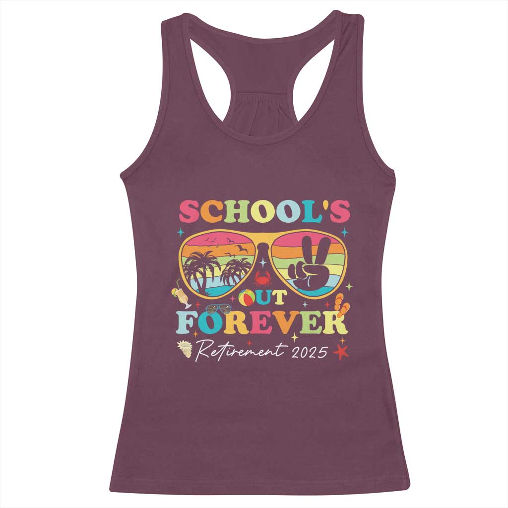 School's Out Forever Retired Teacher 2025 Racerback Tank Top Groovy Retirement
