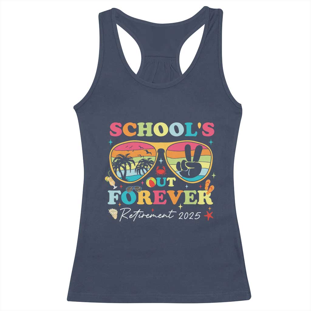School's Out Forever Retired Teacher 2025 Racerback Tank Top Groovy Retirement