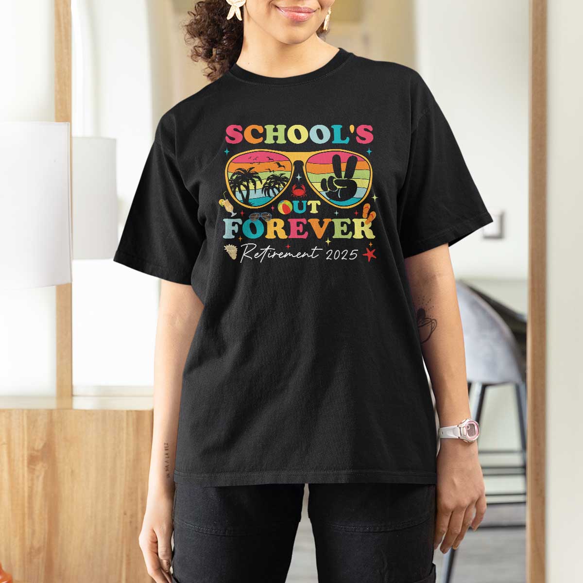 School's Out Forever Retired Teacher 2025 T Shirt For Women Groovy Retirement