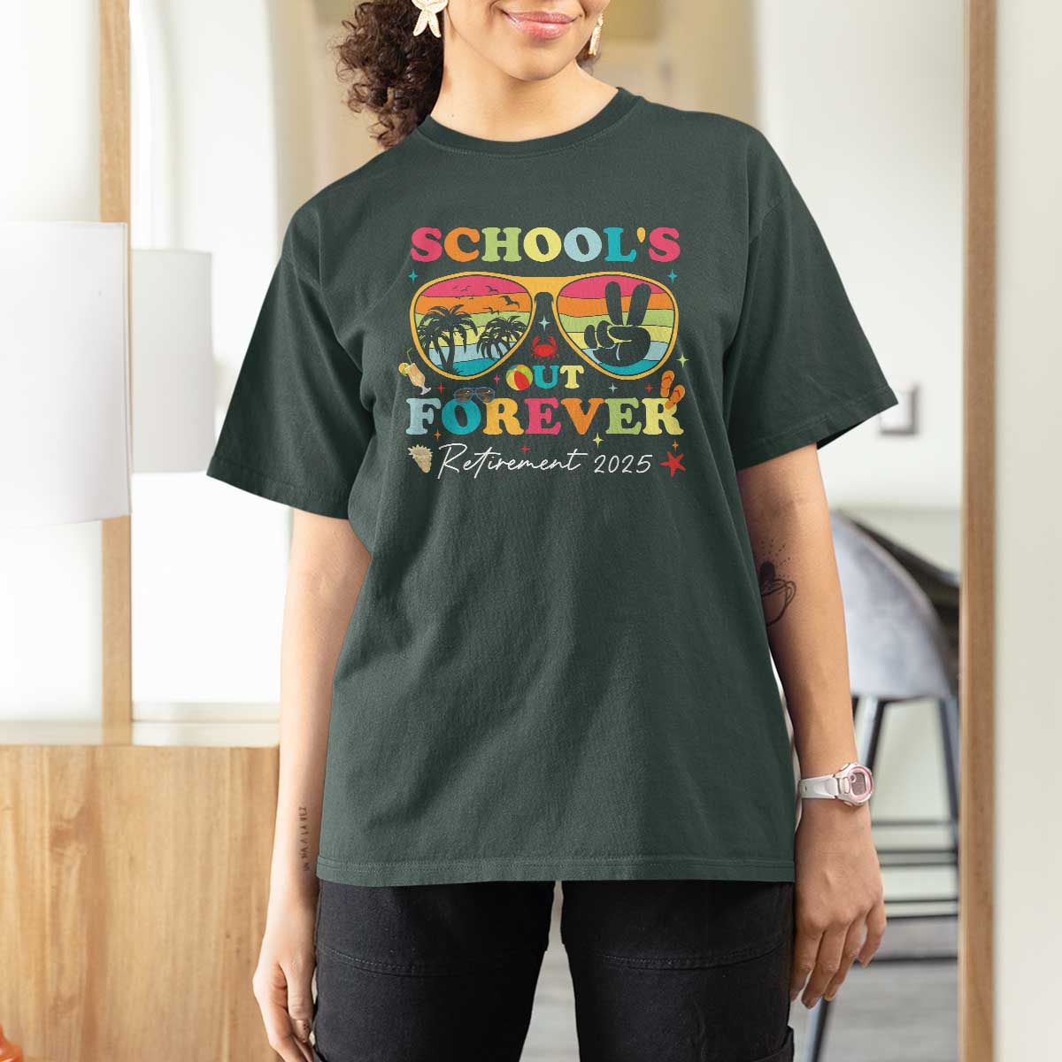 School's Out Forever Retired Teacher 2025 T Shirt For Women Groovy Retirement
