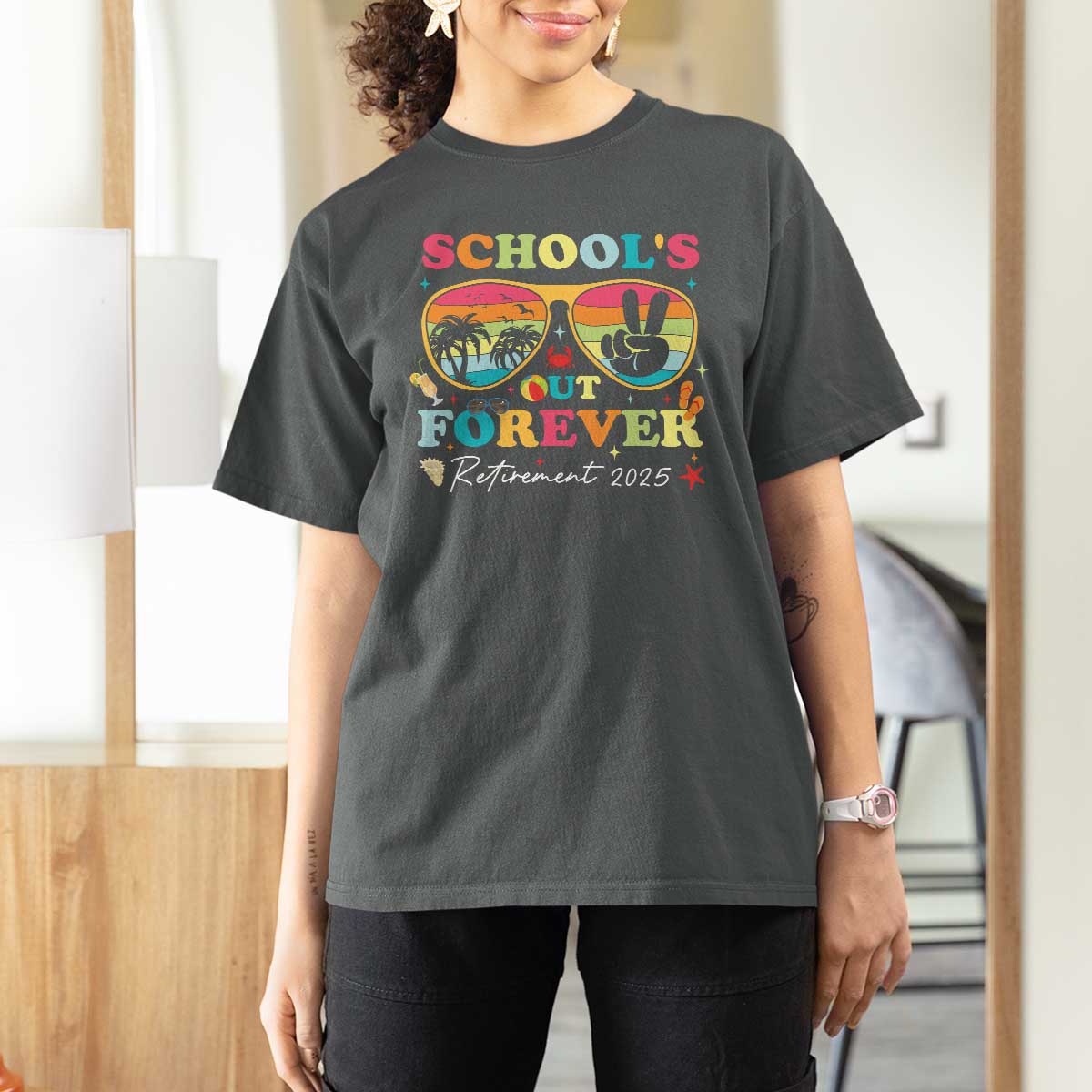 School's Out Forever Retired Teacher 2025 T Shirt For Women Groovy Retirement