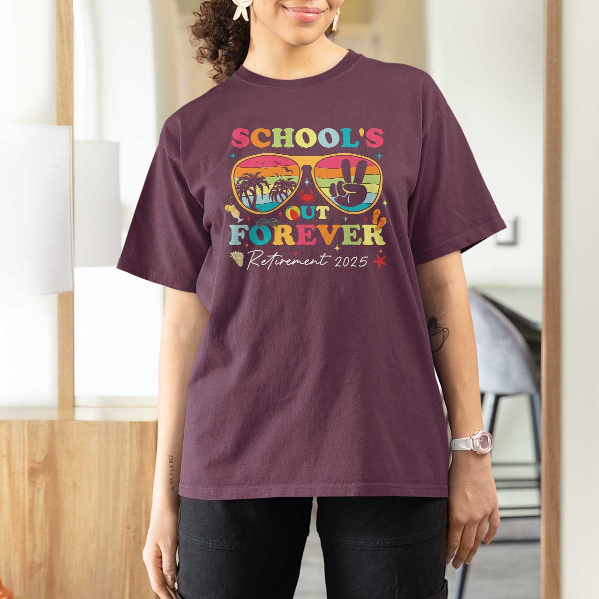 School's Out Forever Retired Teacher 2025 T Shirt For Women Groovy Retirement