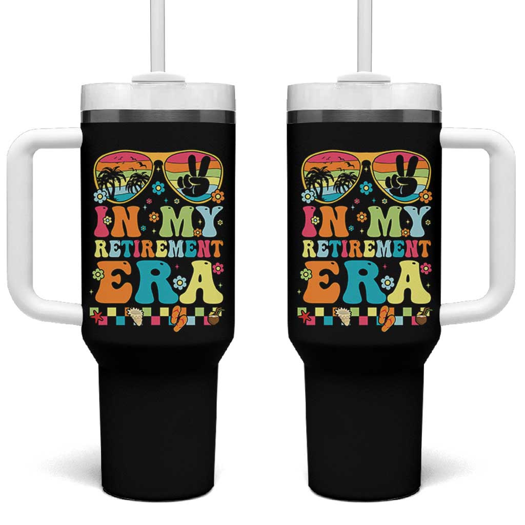 Retired Est 2025 Tumbler With Handle In My Retirement Era Groovy Summer Vibes
