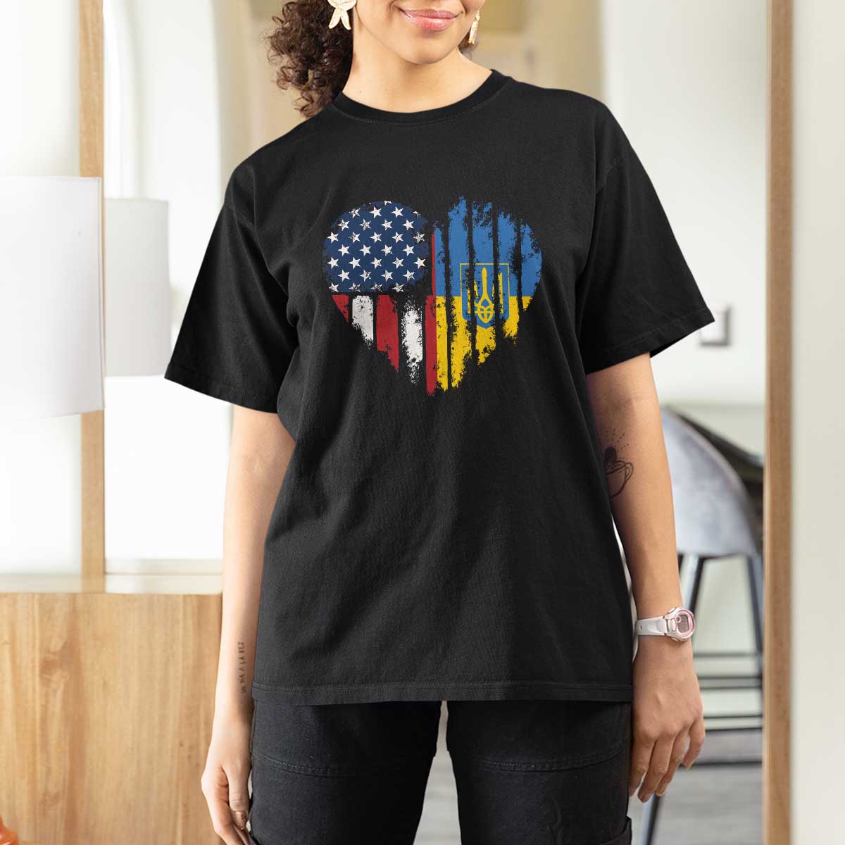 Support Ukraine T Shirt For Women Stand With Ukraine American Ukrainian Flag
