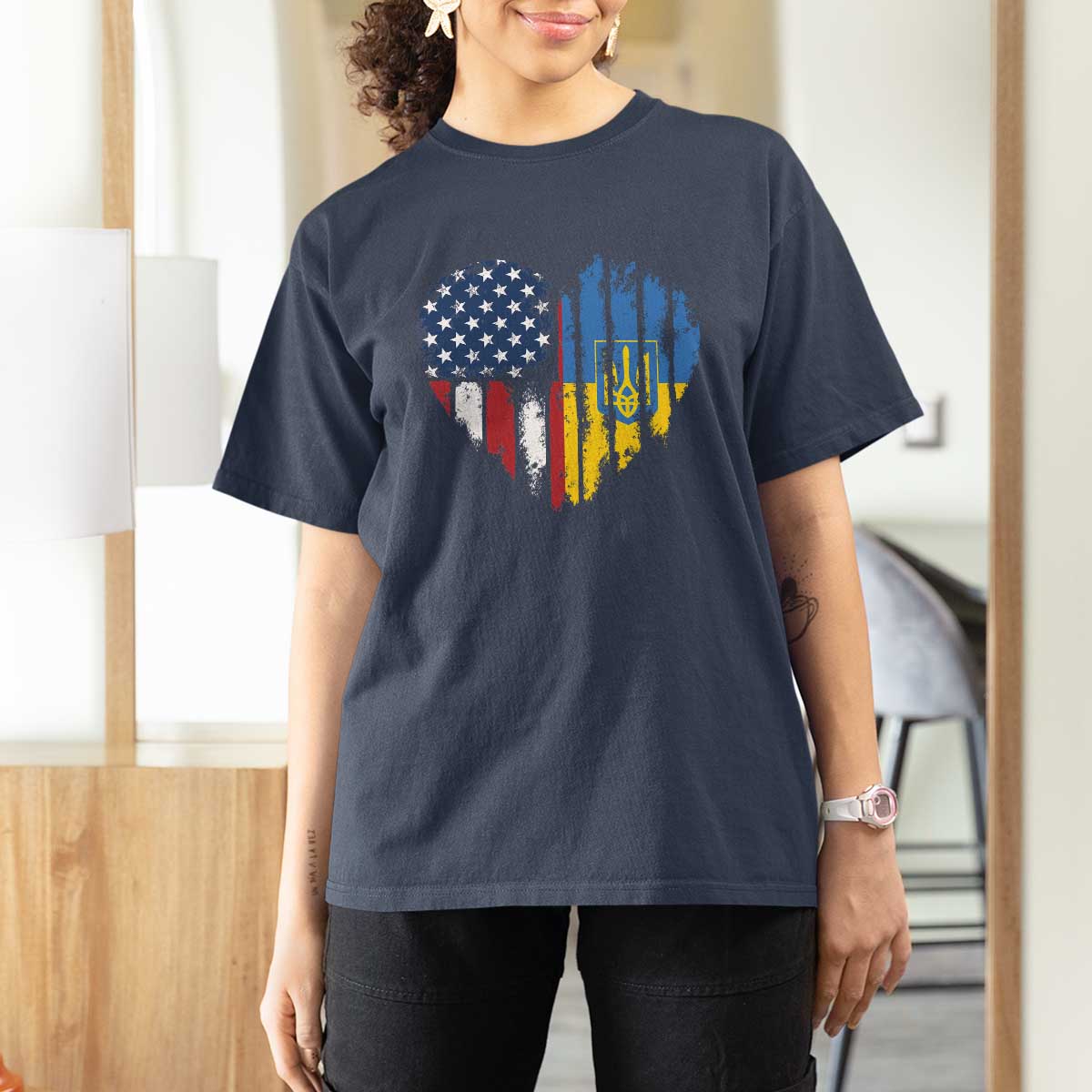 Support Ukraine T Shirt For Women Stand With Ukraine American Ukrainian Flag